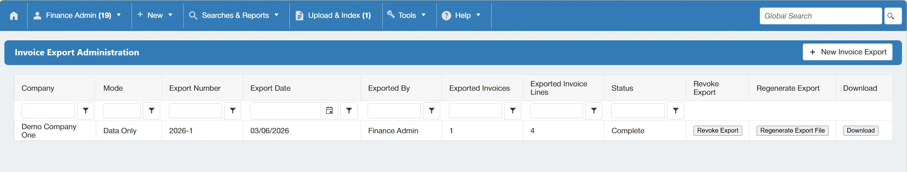 Invoice Export Administration Grid The Invoice Export Administration Grid contains information about previous exports.