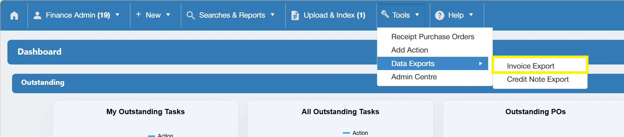 Invoice Export Button To begin an invoice export, navigate to the Invoice Export section under the Tools menu.