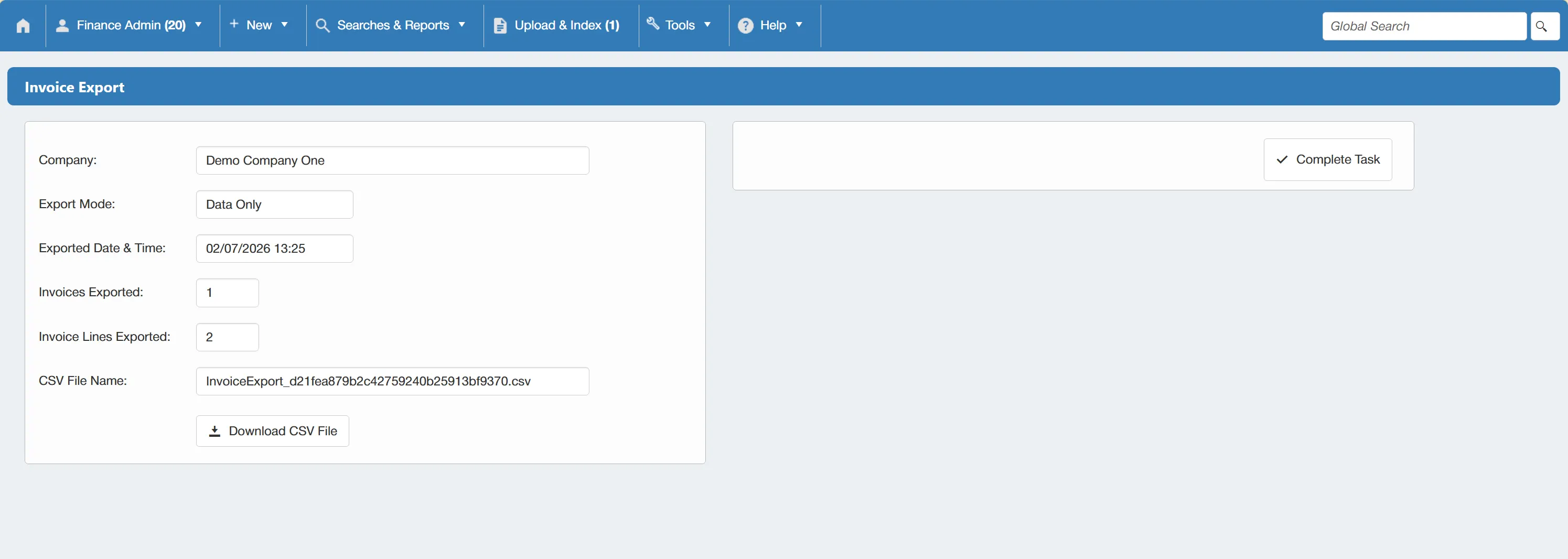 Invoice Export Task Once an invoice export has been completed, the user who carried it out will receive a task.