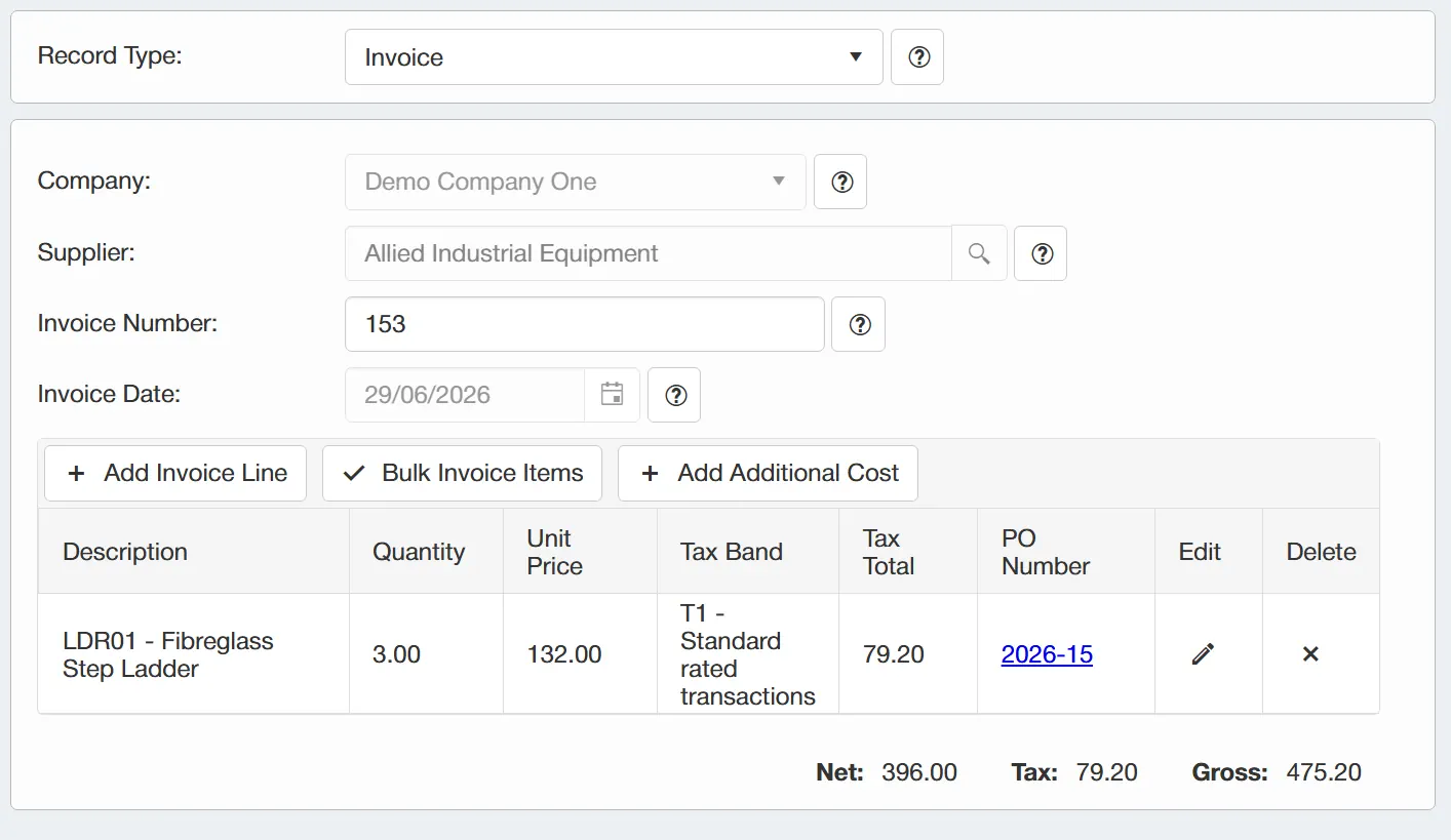 Invoice Lines Grid When an invoice line is added, it will be displayed on the grid along with a set of running totals.