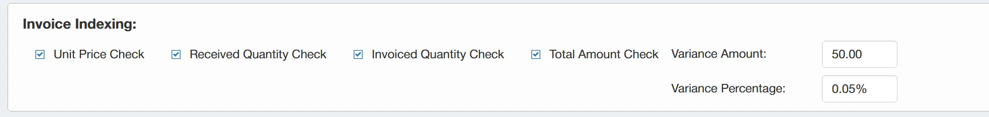 Admin users can specify the checks that the system carries out when indexing an invoice.