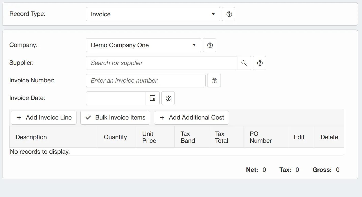 Invoice Indexing Fields Changing the record type to Invoice will display several fields for the user to populate.