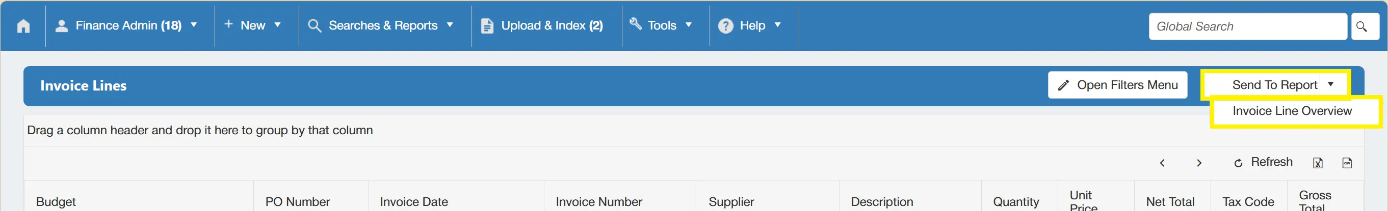 The invoice line overview button allows users to send the results to a report.