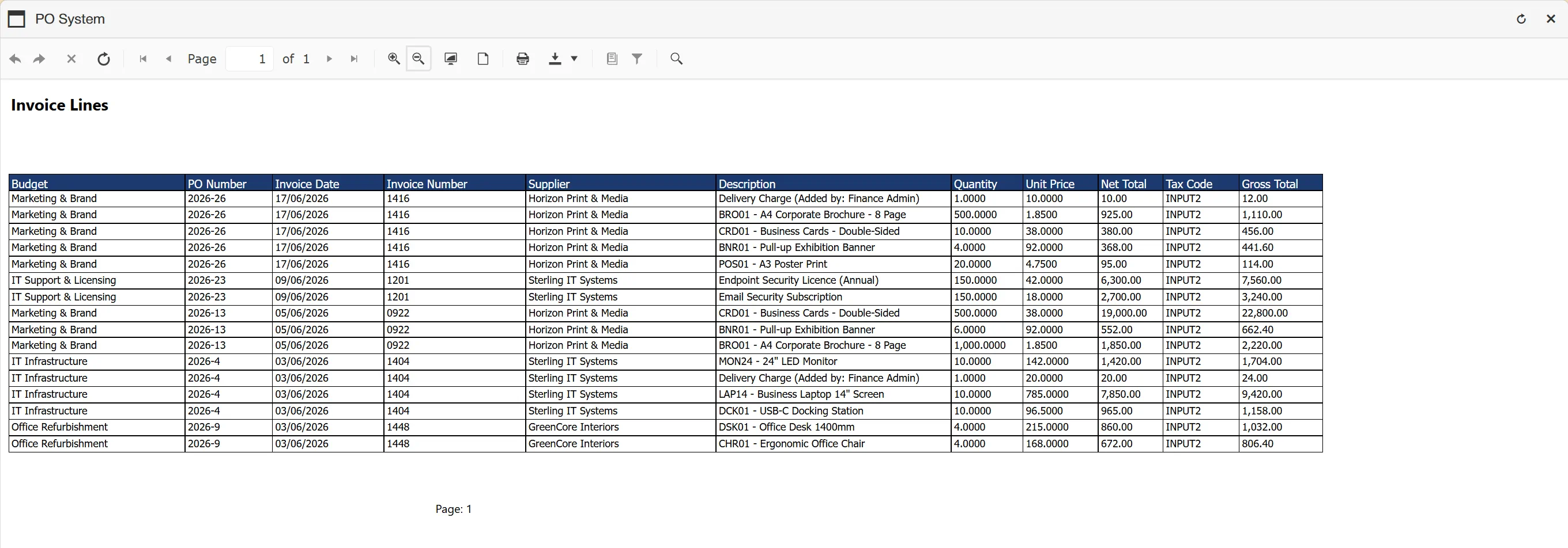 The invoice lines report displays the search results in a simple layout with clear headings.