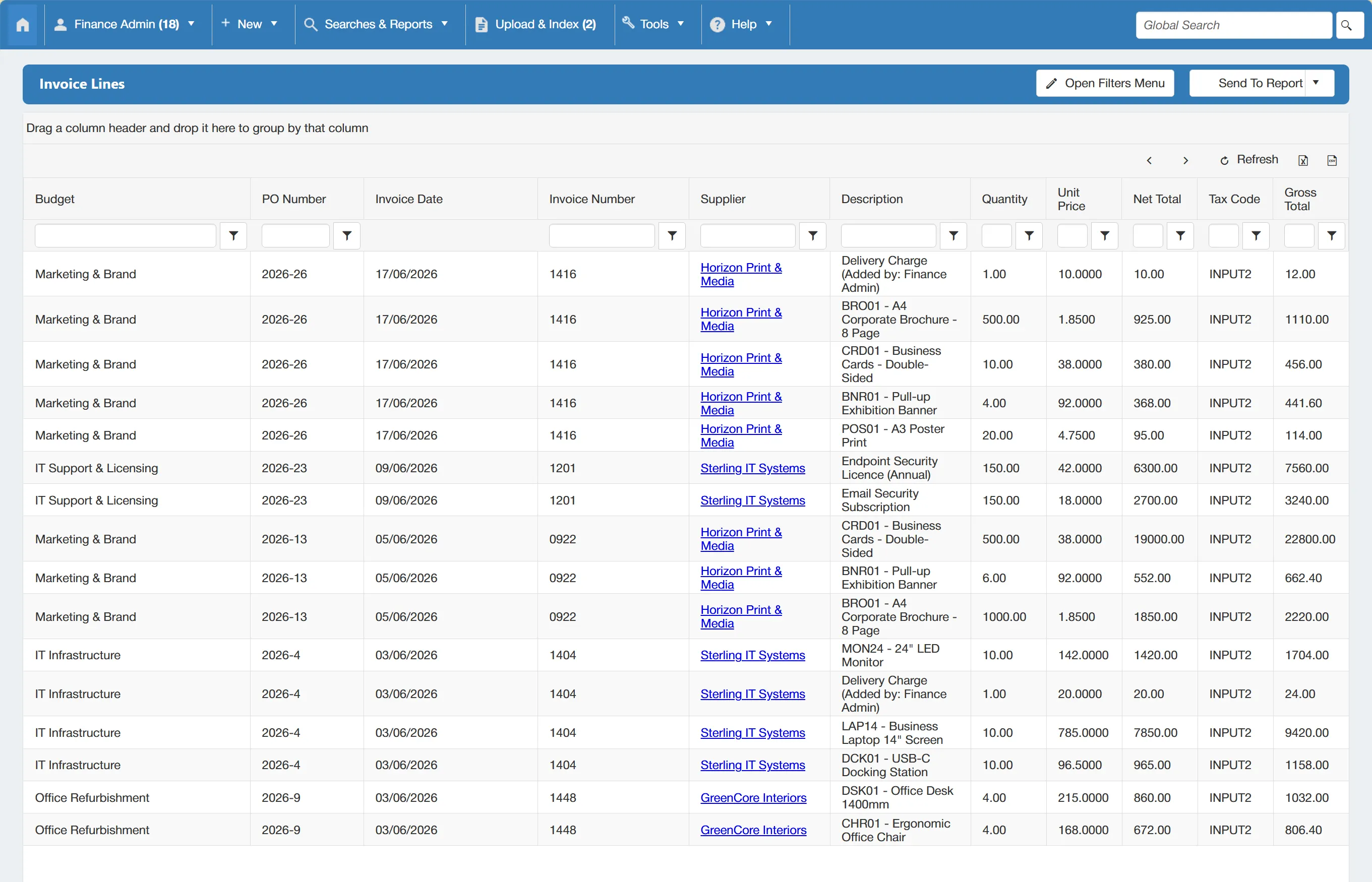 Invoice lines search results are displayed in a grid consisting of several columns.