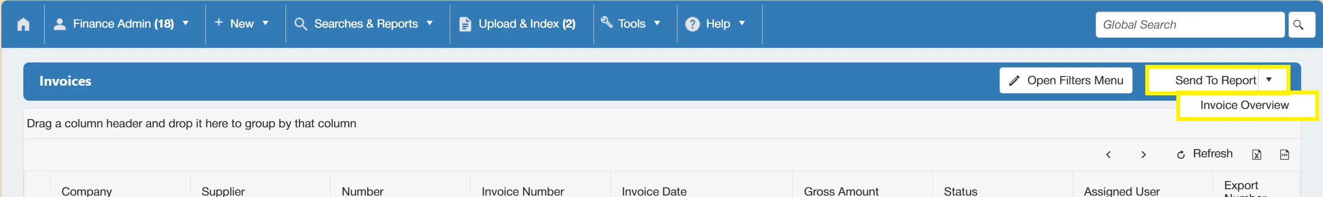 Invoice search data can be sent to a report using the Invoice Overview button.