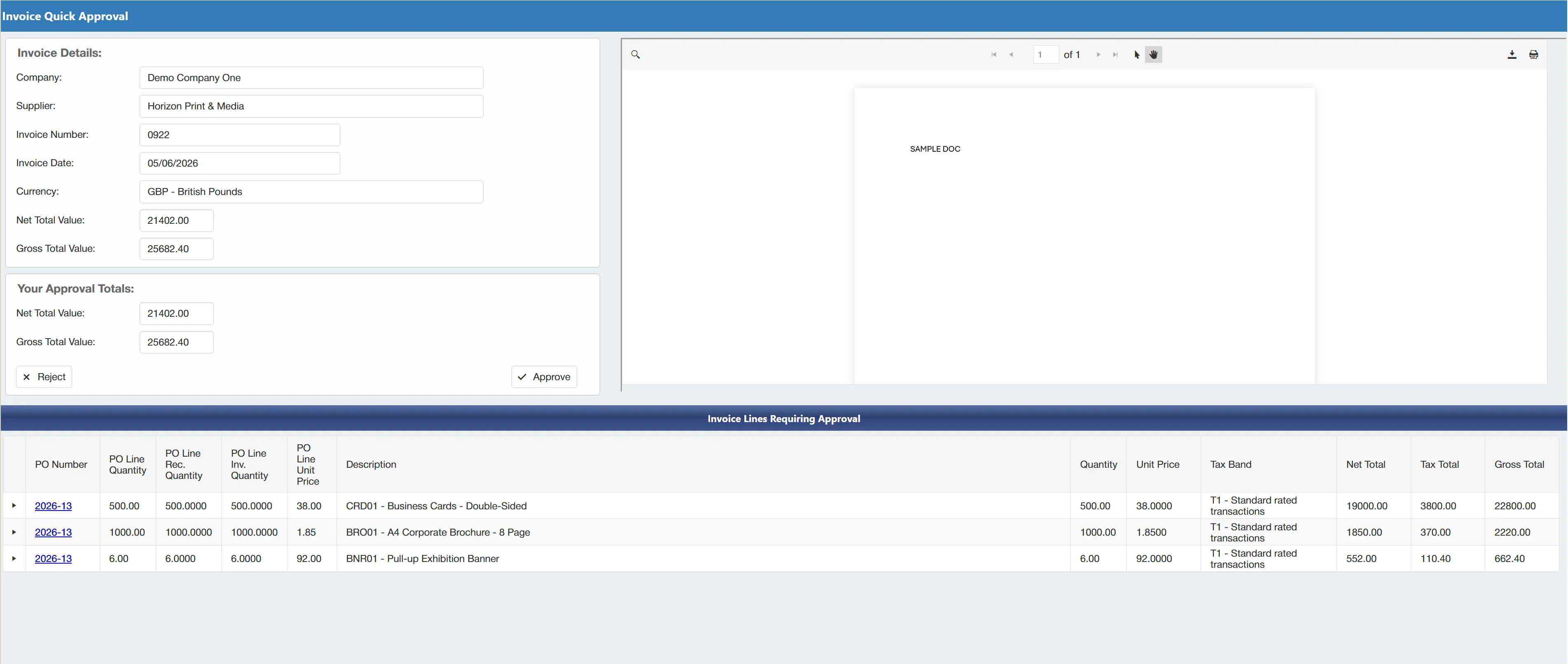 The purchase order and invoice processing system allows you to quickly approve invoices.