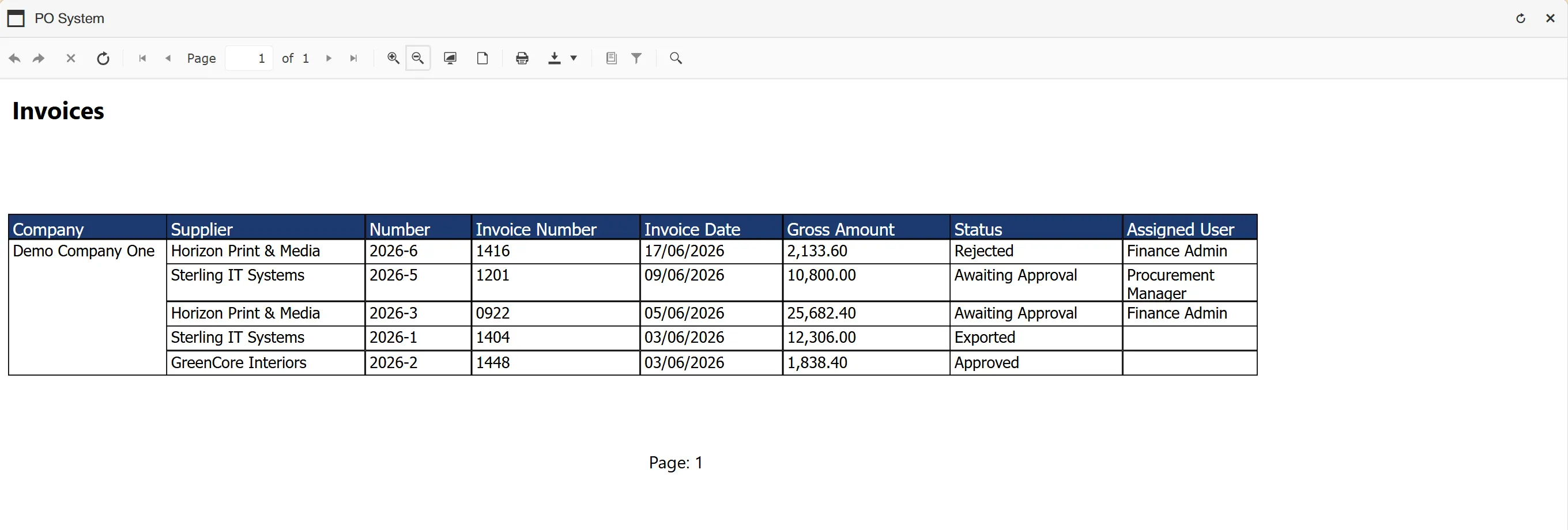 Invoice reports display the search results in a clear format for easy review.