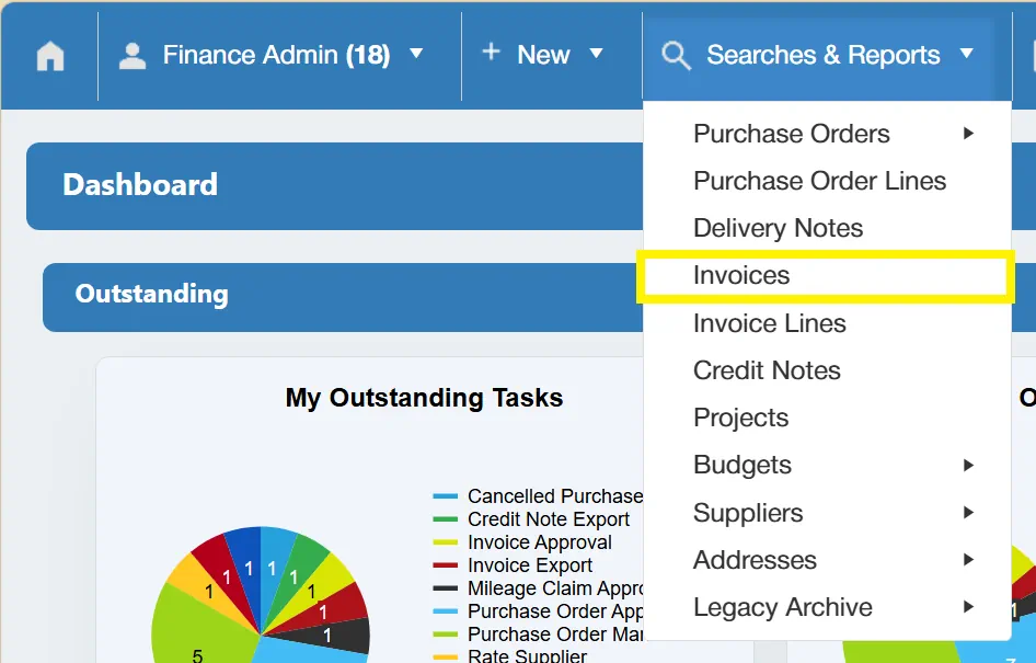 Users can search for Invoices in the purchase order system.