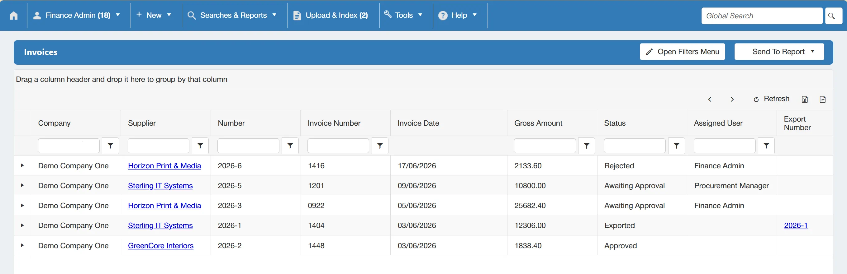 Invoice search results are displayed in a grid consisting of several columns.