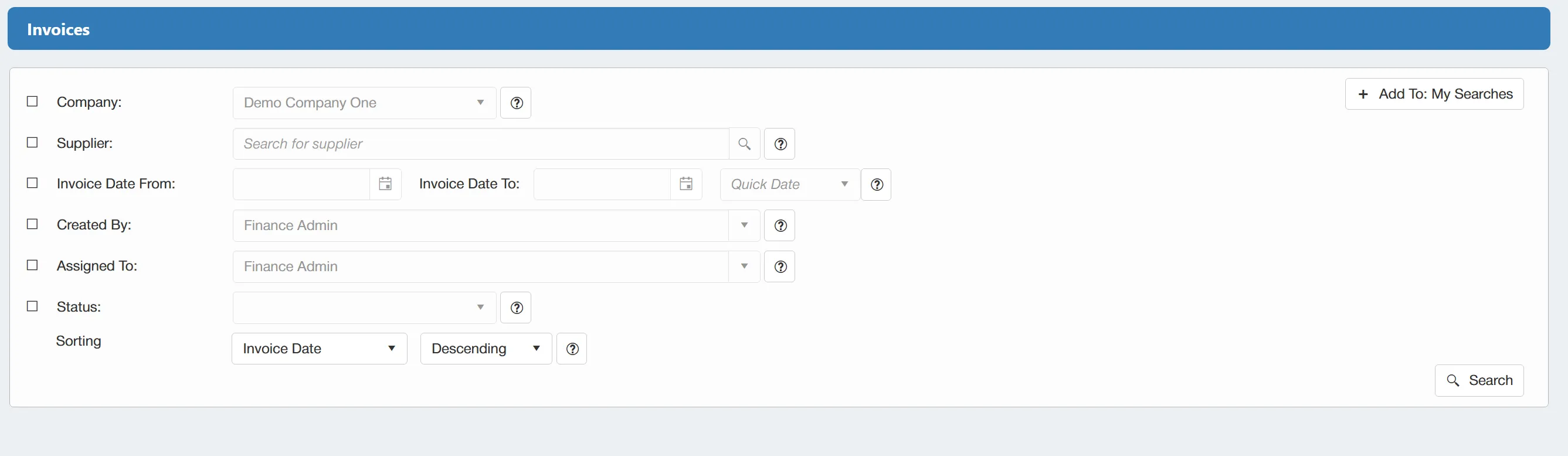 There are several filters available when conducting an invoice search.