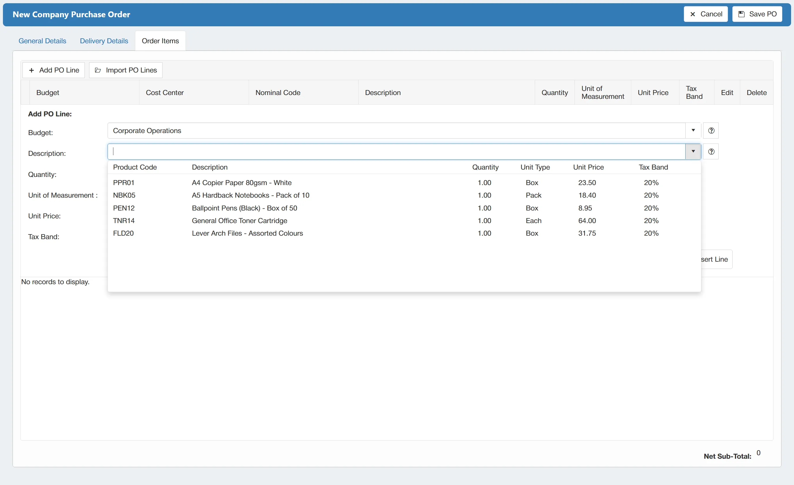 The PO software supports supplier price lists for pre-populated items.