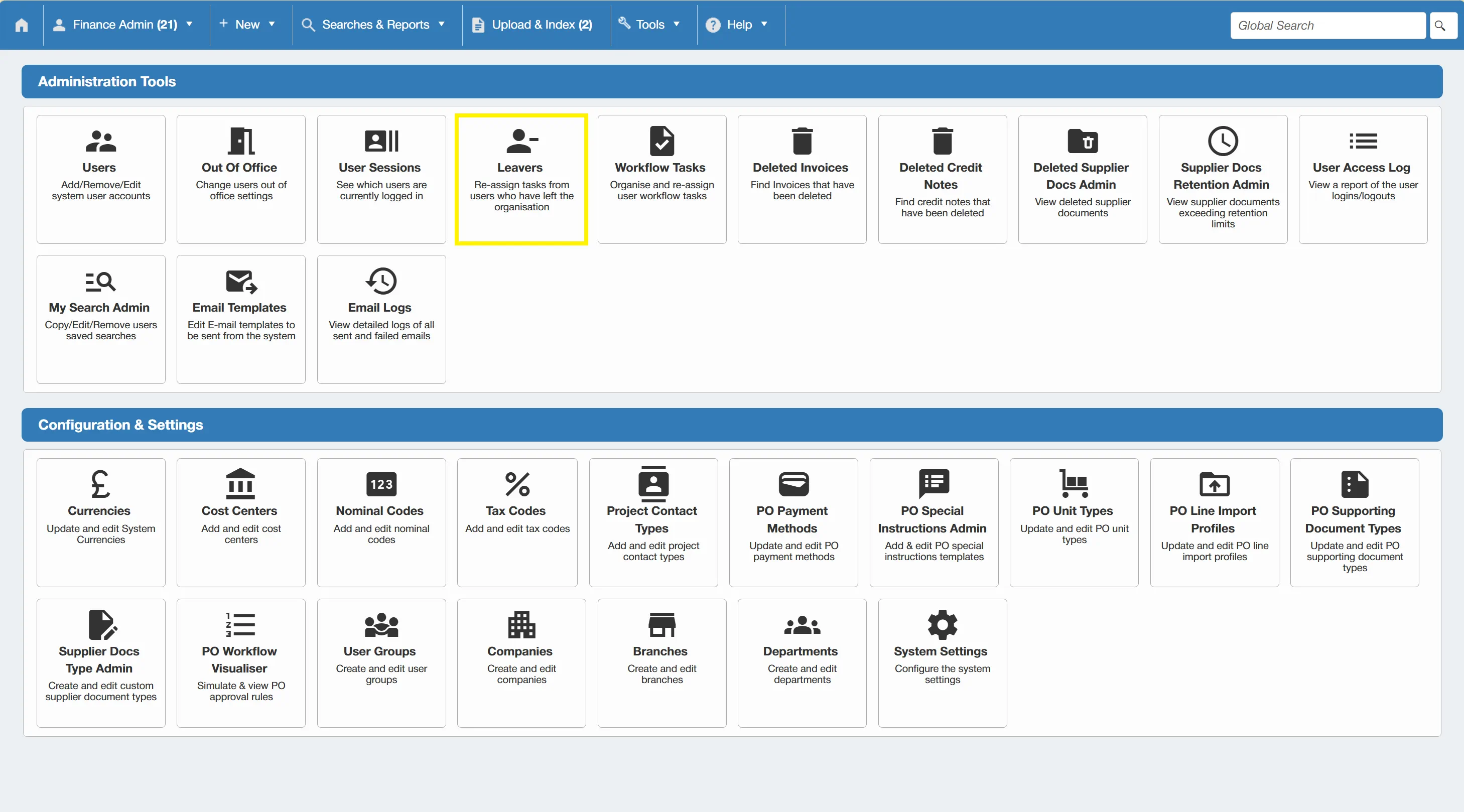 This function allows admin users to mark other users as Leavers when they leave the organisation.