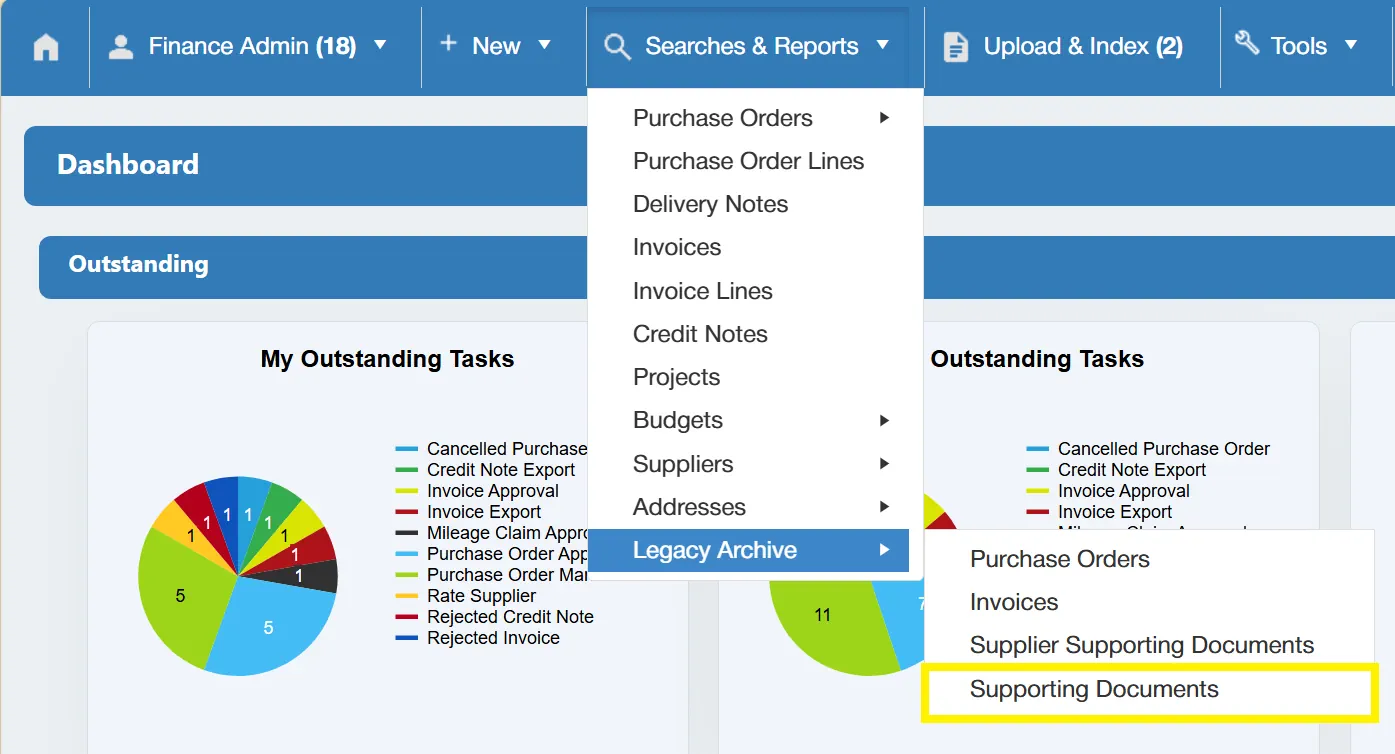 The PO system allows users to search for supporting documents that have been imported from a legacy system.