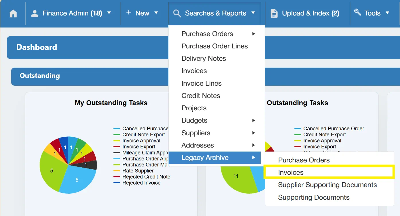 Users can search for invoices which have been imported from a legacy system.