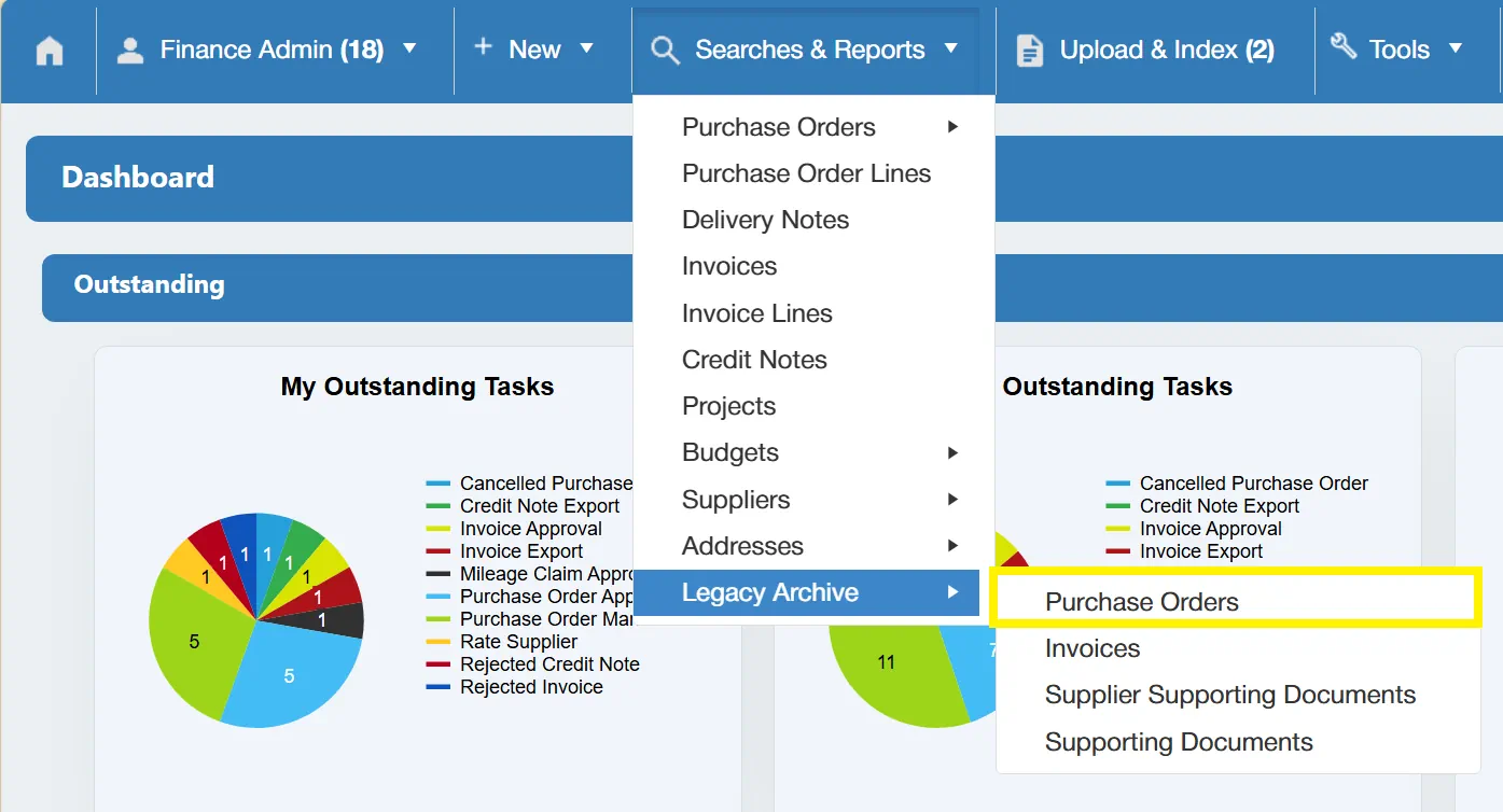The Legacy Archive Purchase Orders search allows users to search for purchase orders which have been imported from a legacy system.