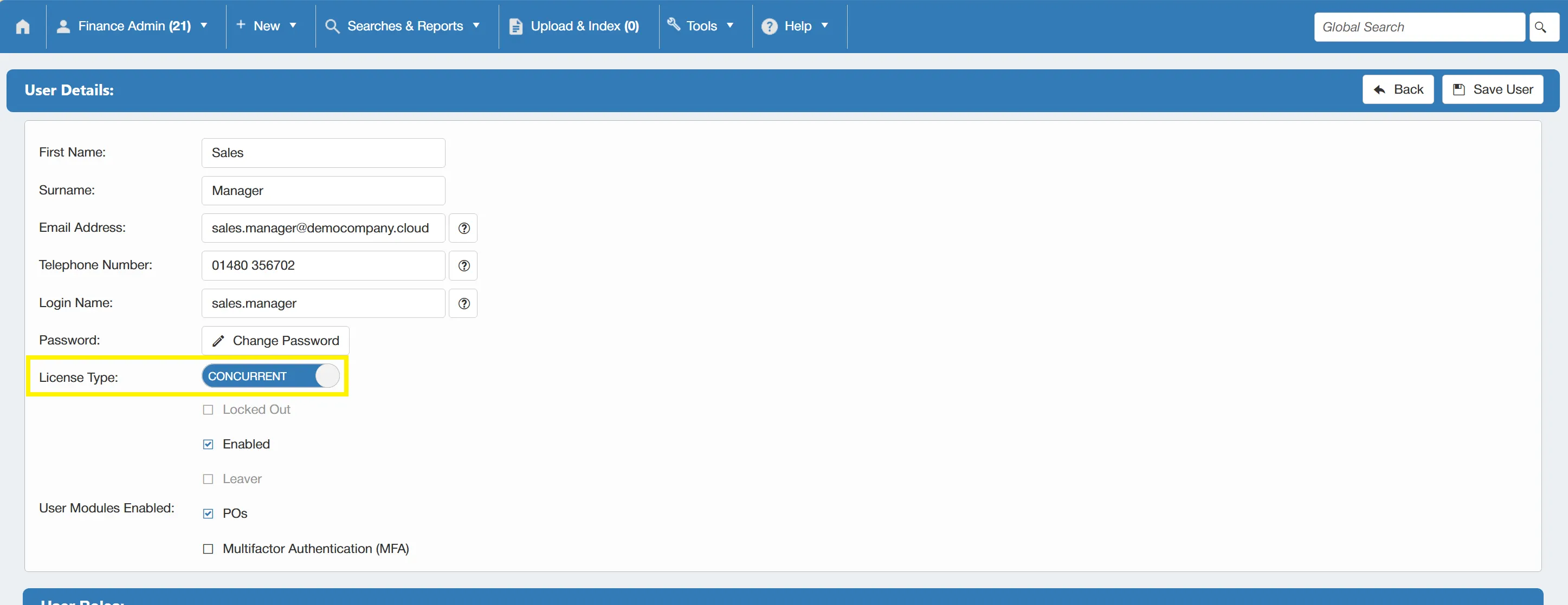 You can change a user's license type to dictate their access to the system.