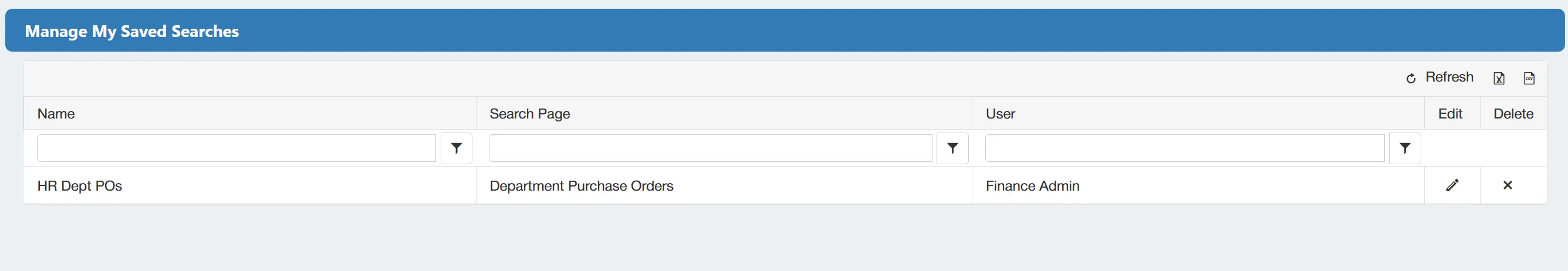 Searches can be renamed or deleted from this window.
