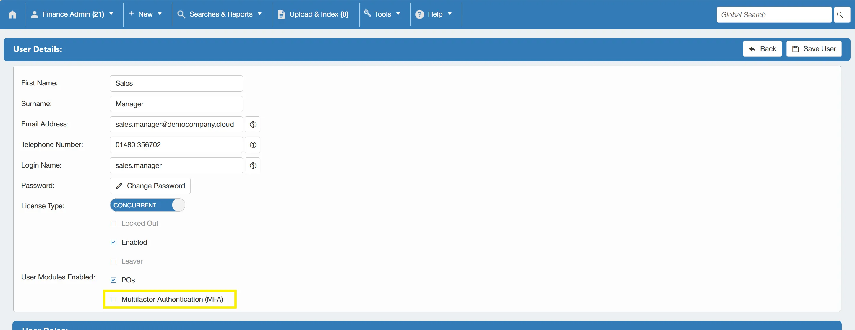 The MFA section shows whether an account has MFA enabled and the type of authentication used e.g. Email or Authenticator App.