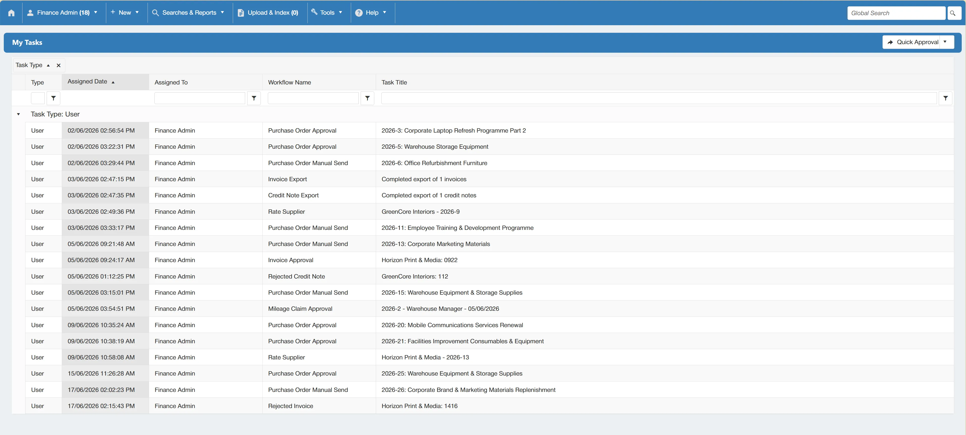 The Tasks Grid displays your tasks with key header level information.