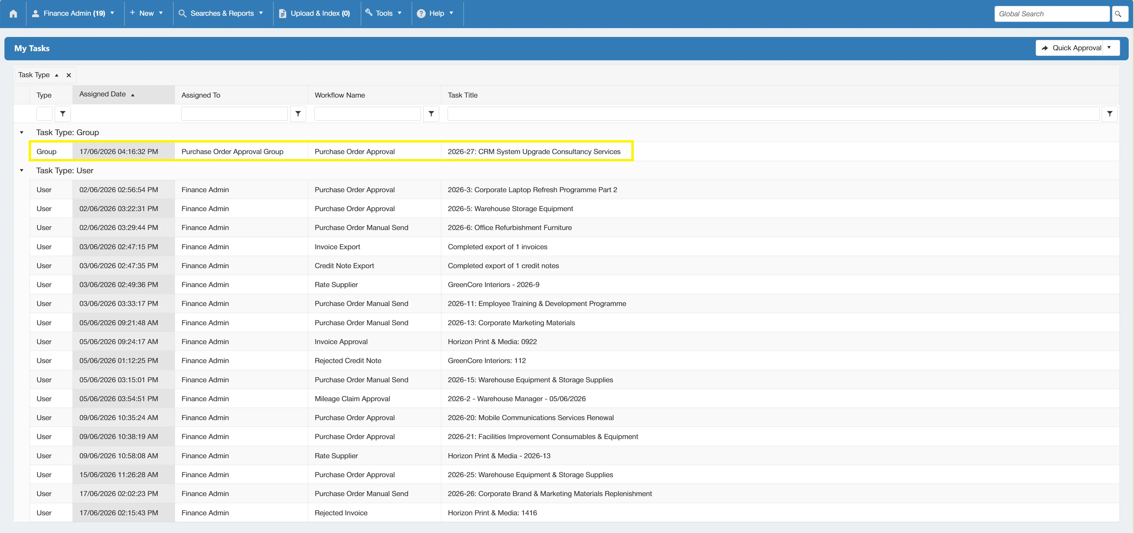 Group tasks improve workflow efficiency in your procurement process.