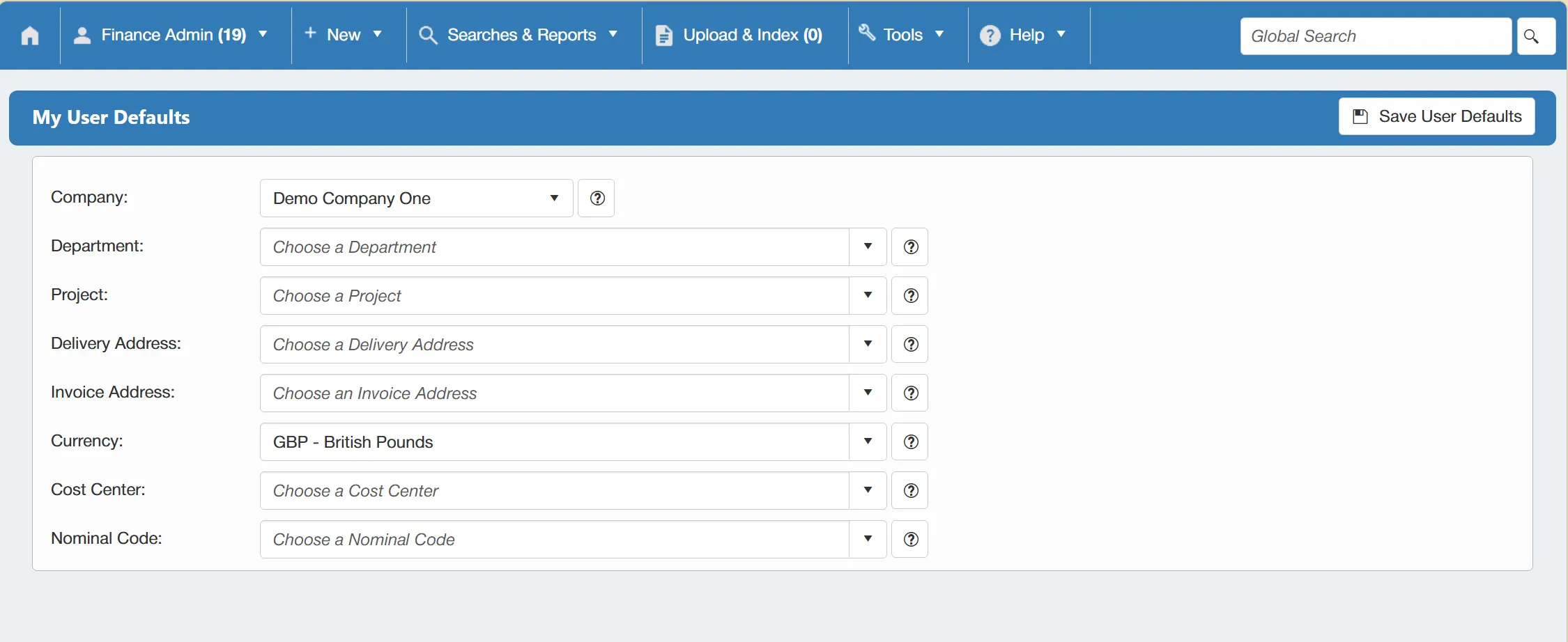 User defaults allow users to pre-set information required when creating purchase orders.