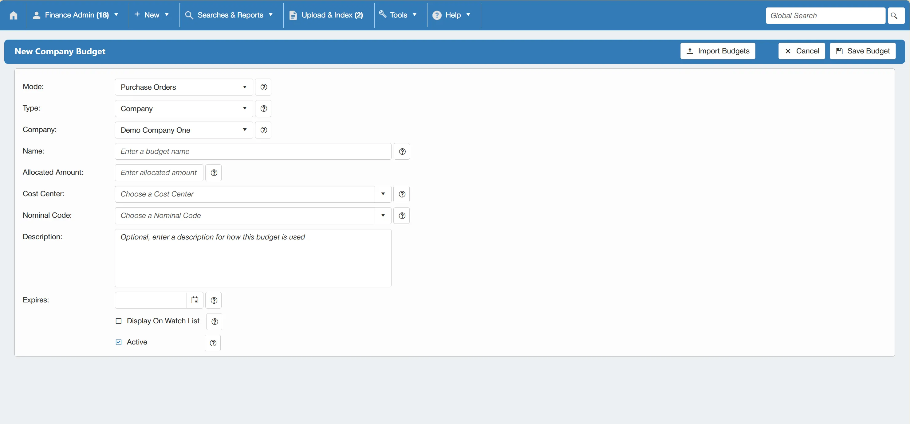 Populate the details for your new company level budget.
