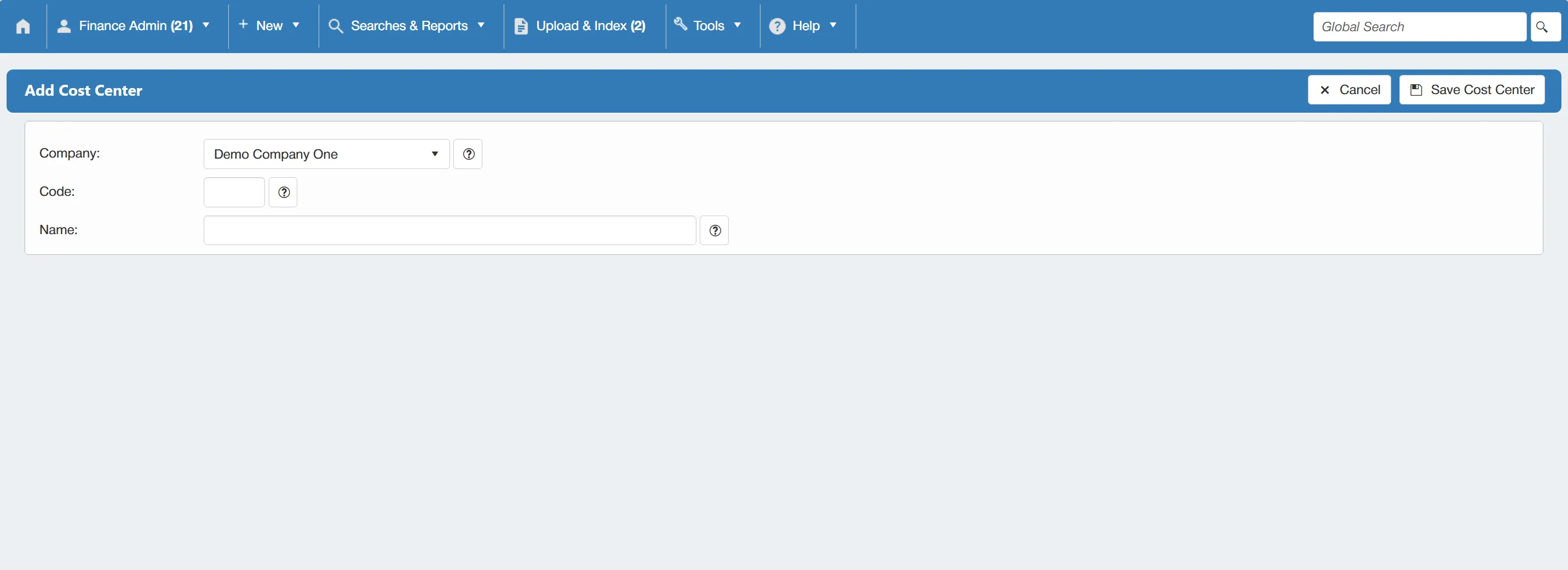Fill in the new cost center details before saving to finalise.