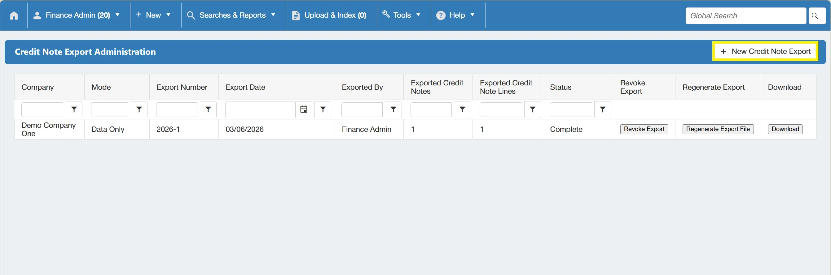 To carry out a new credit note export, simply click the + New Credit Note Export button.
