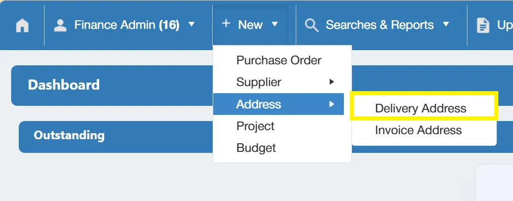 Users can create new delivery addresses within the PO system.