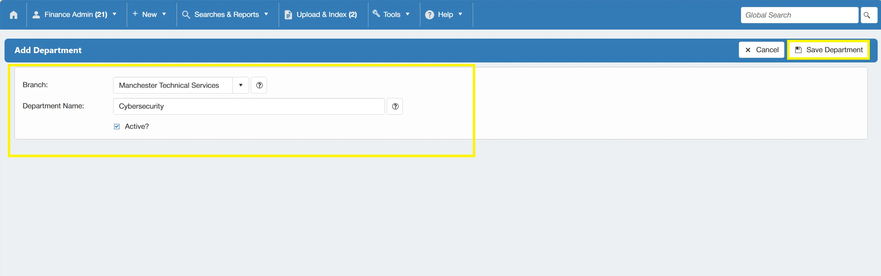 Complete the new department details before saving.