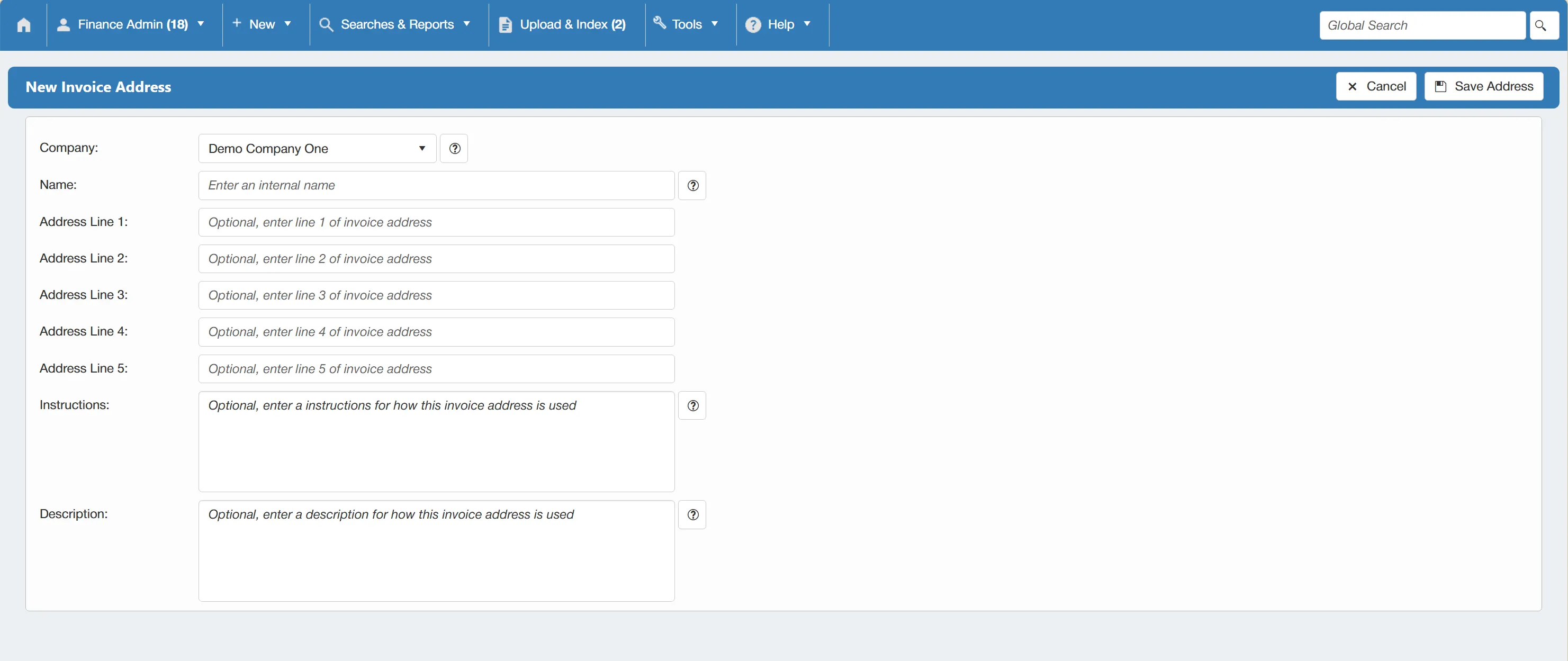 Complete the required details for the new invoice address.