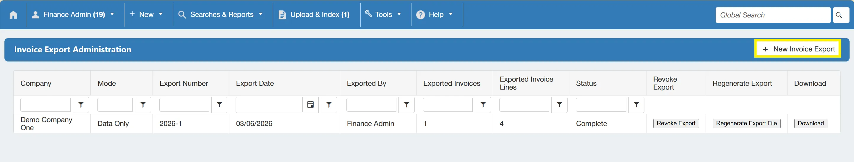 + New Invoice Export To carry out a new invoice export, simply click the + New Invoice Export button.