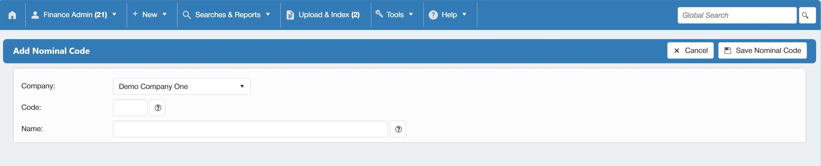 Fill in the details for your new nominal code.