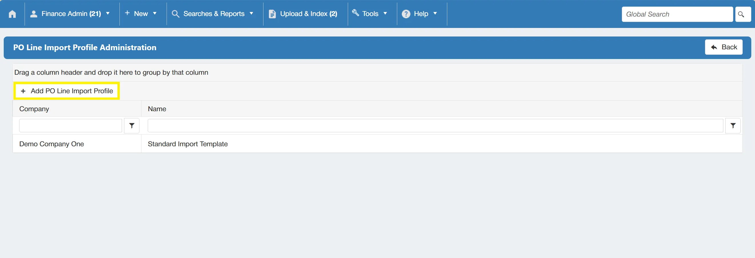 Select the Add PO Line Import Profile button to create a new import profile.