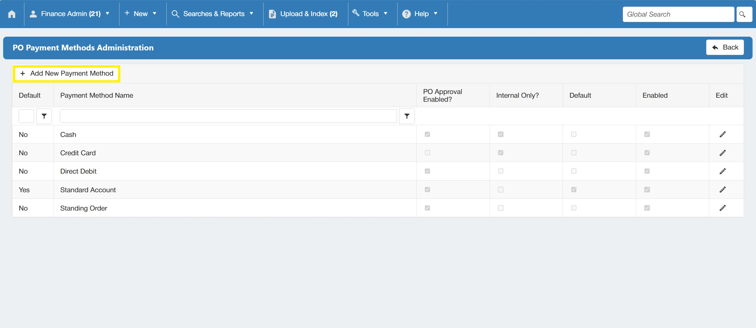 Admin users can add new payment methods as required.