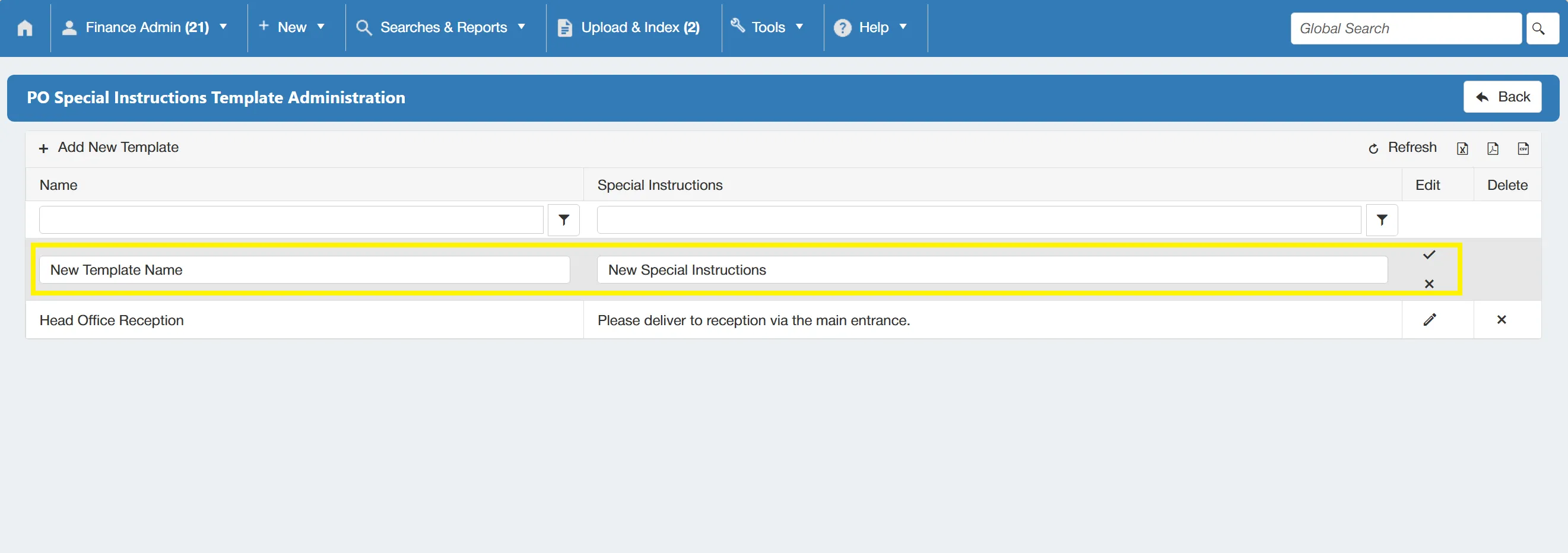 Type the new special instruction information into the designated fields before saving.