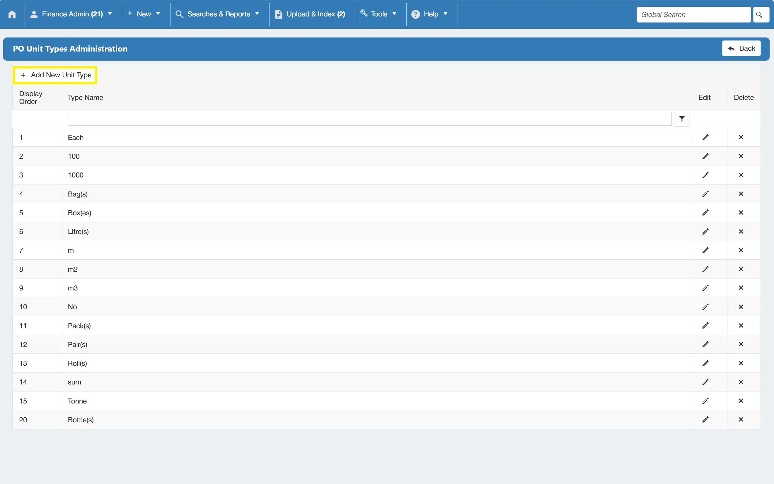 Select the Add New Unit Type button to begin adding a new PO unit type.