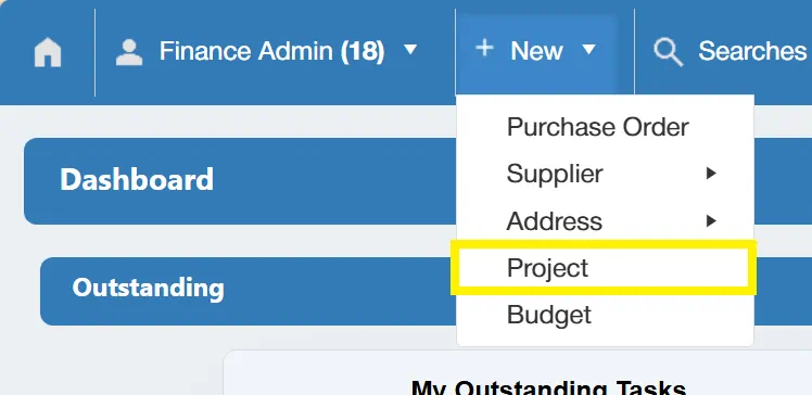 Create new projects within the purchase order system.