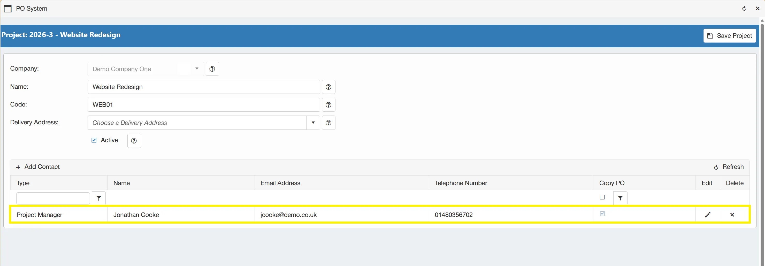 New project contacts are displayed in the grid, and can be edited, or deleted by clicking on the relevant symbol within the line.