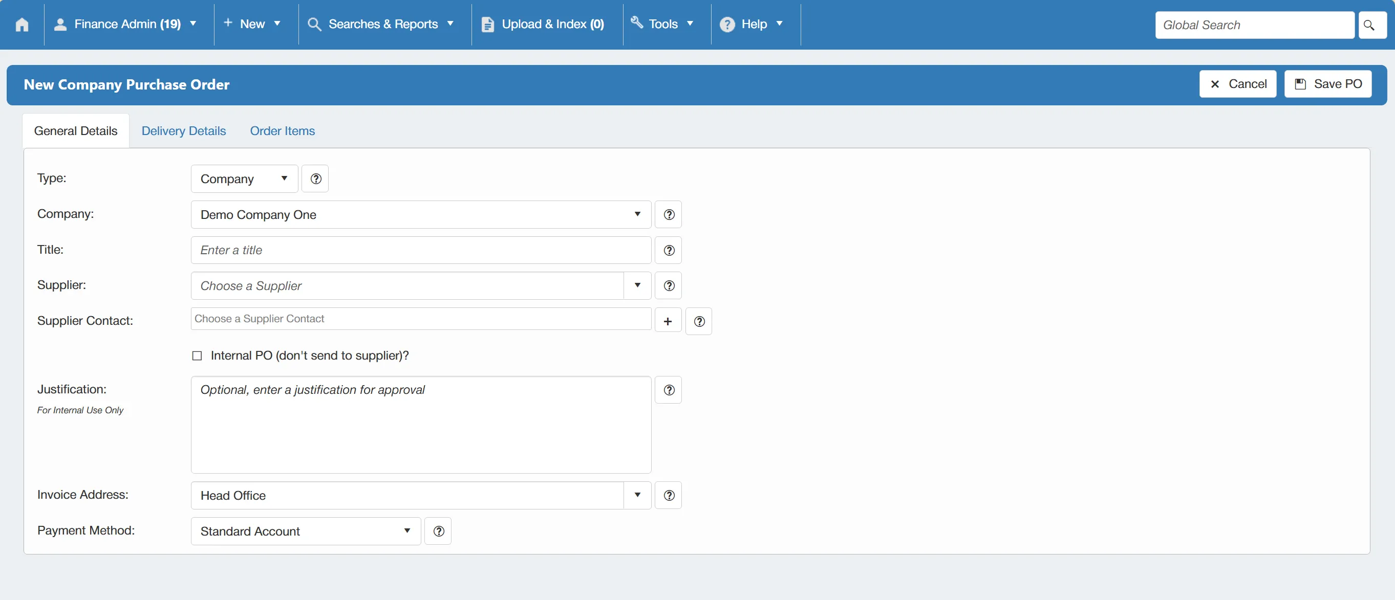 Fill in the required details to populate your purchase order.