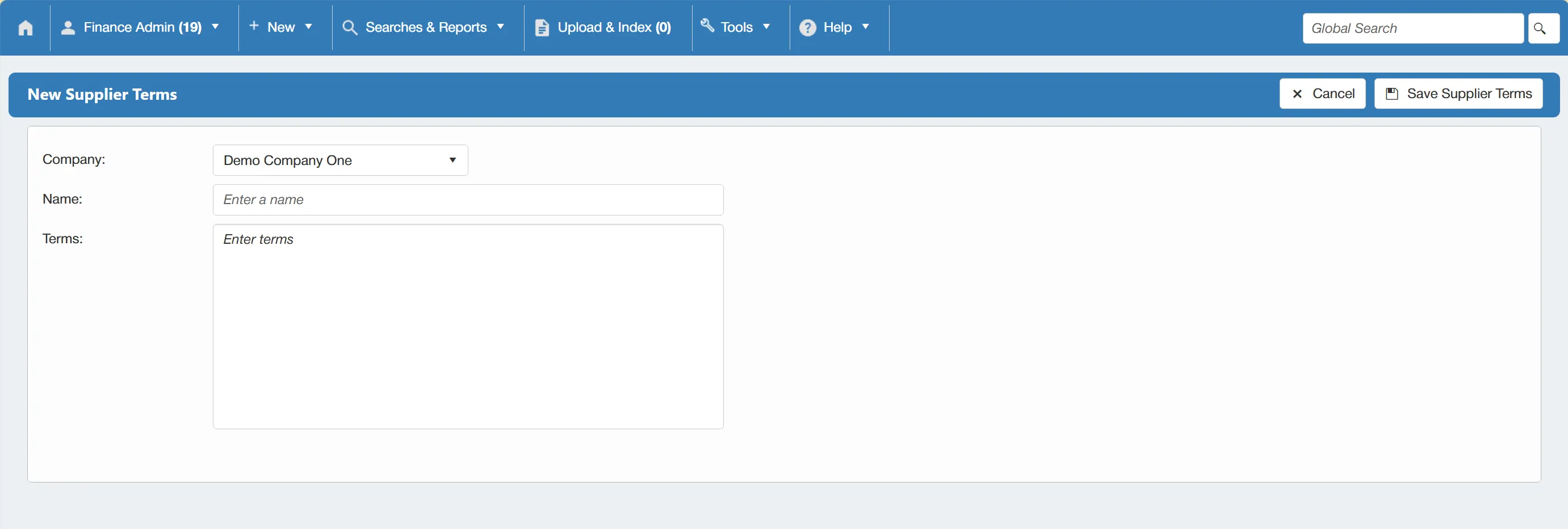 Fill in the required supplier terms and save to commit them to the.