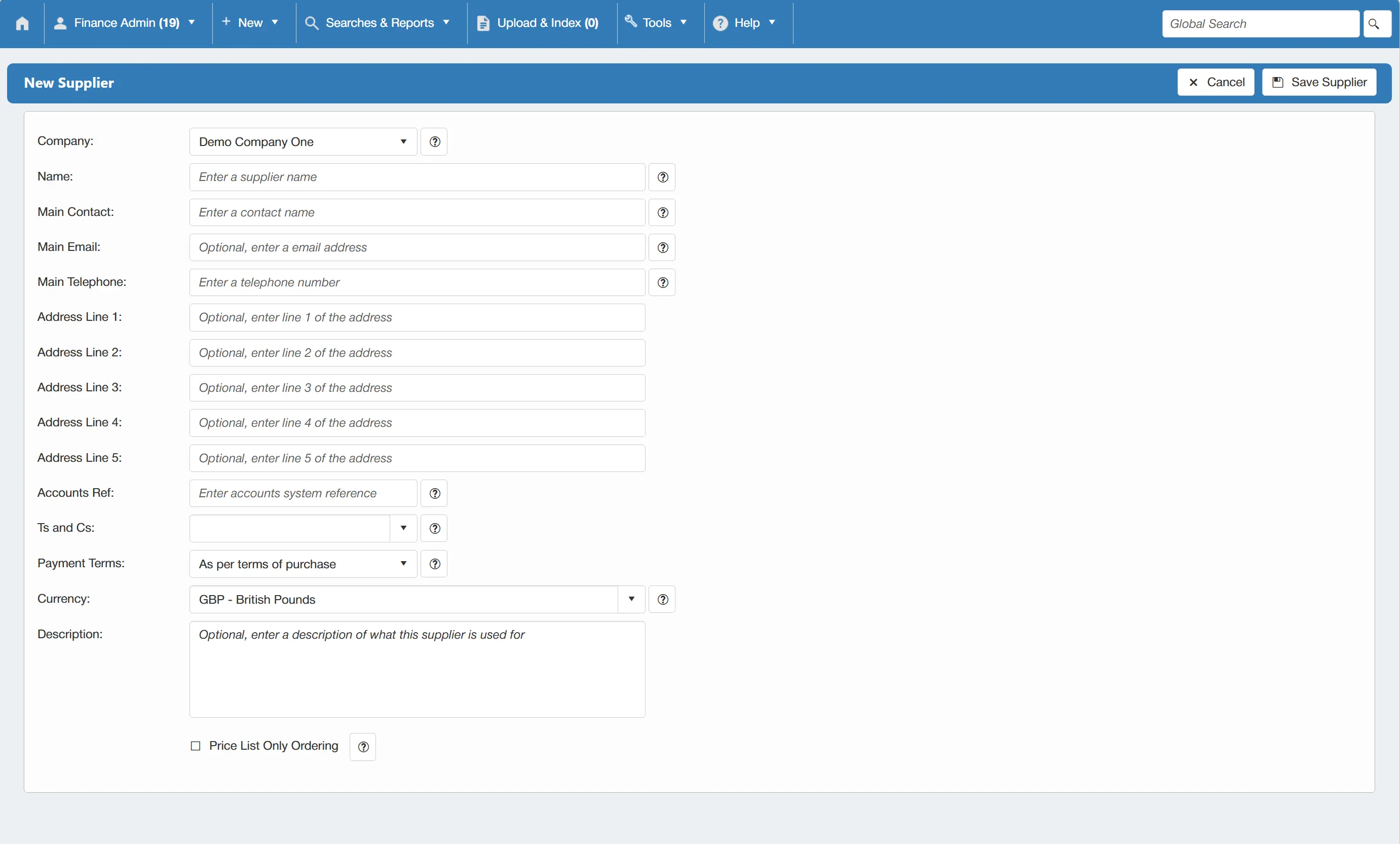 Fill in the required details for your new supplier.