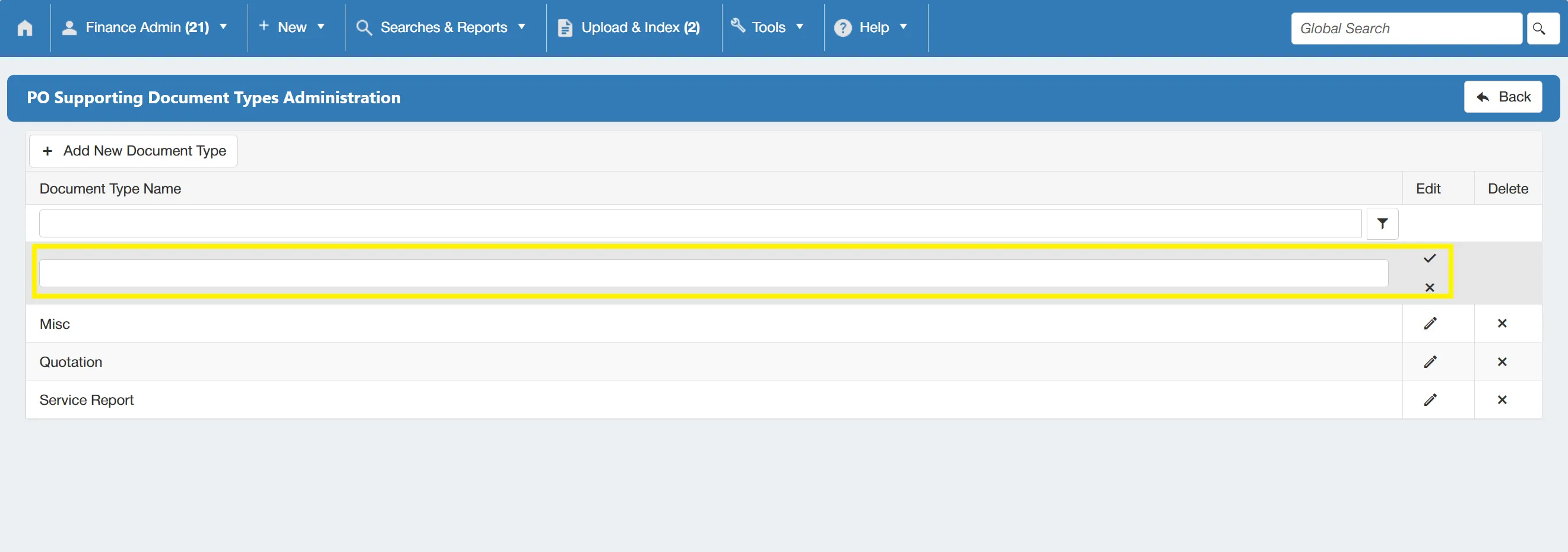 Type the new document type into the field and click on the tick to commit it.