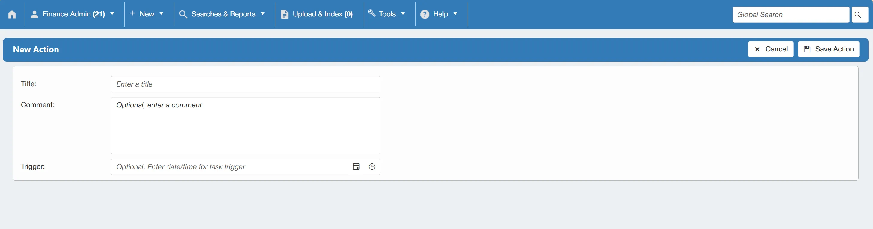 Populate the required details for your new action.
