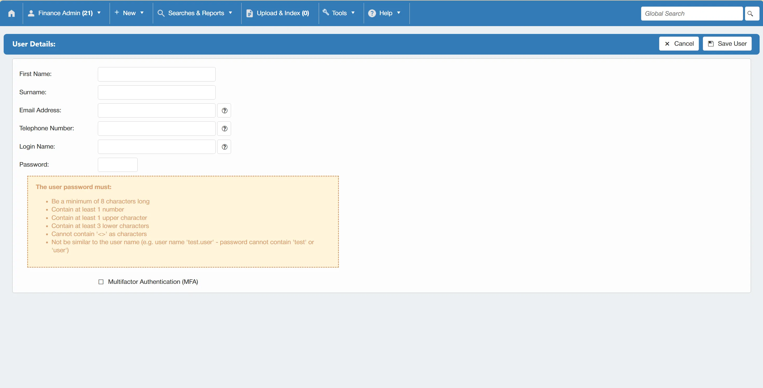 Fill in the new user's details to set up a new account.