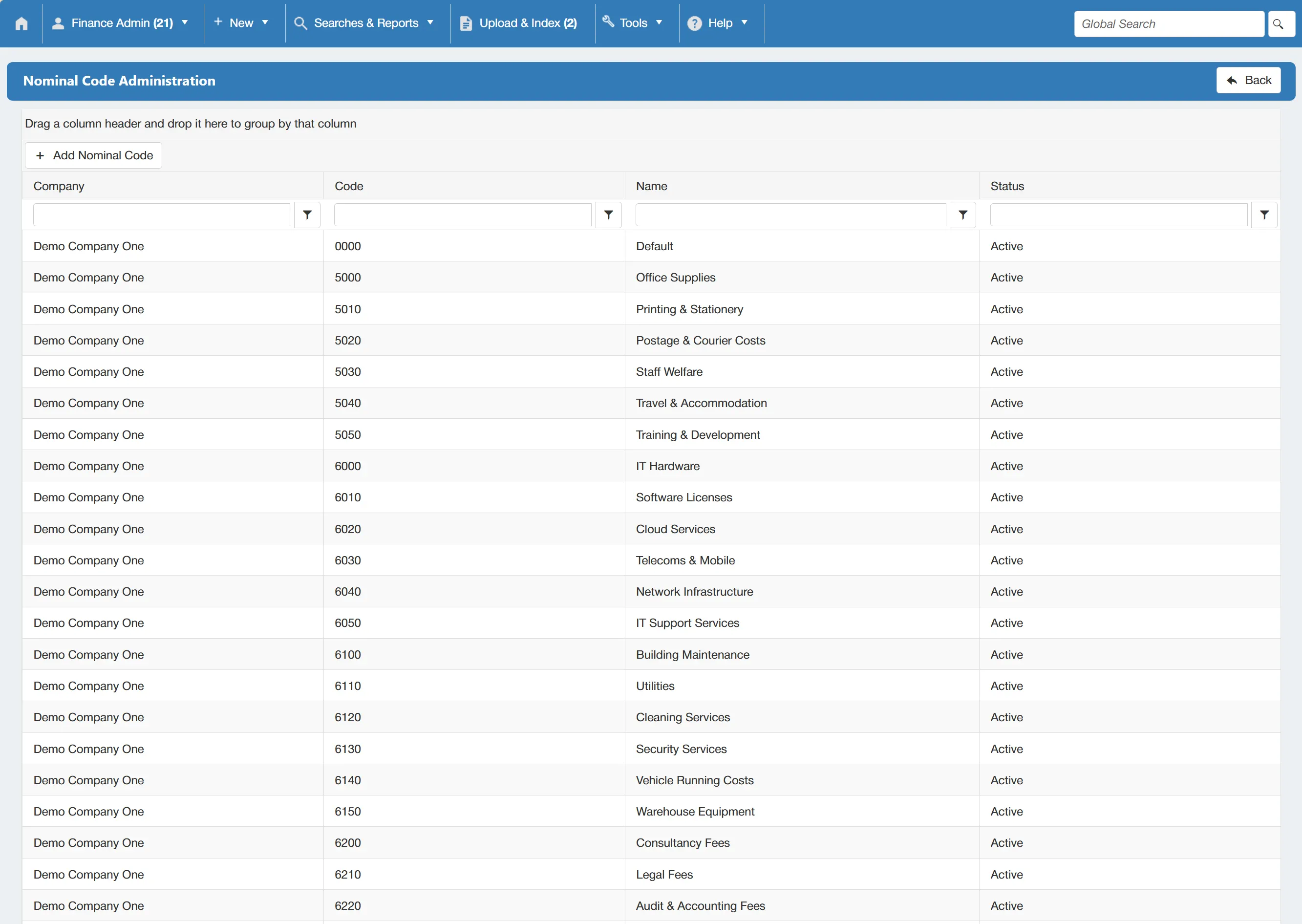 The Nominal Code Administration grid displays all nominal codes within the PO system.