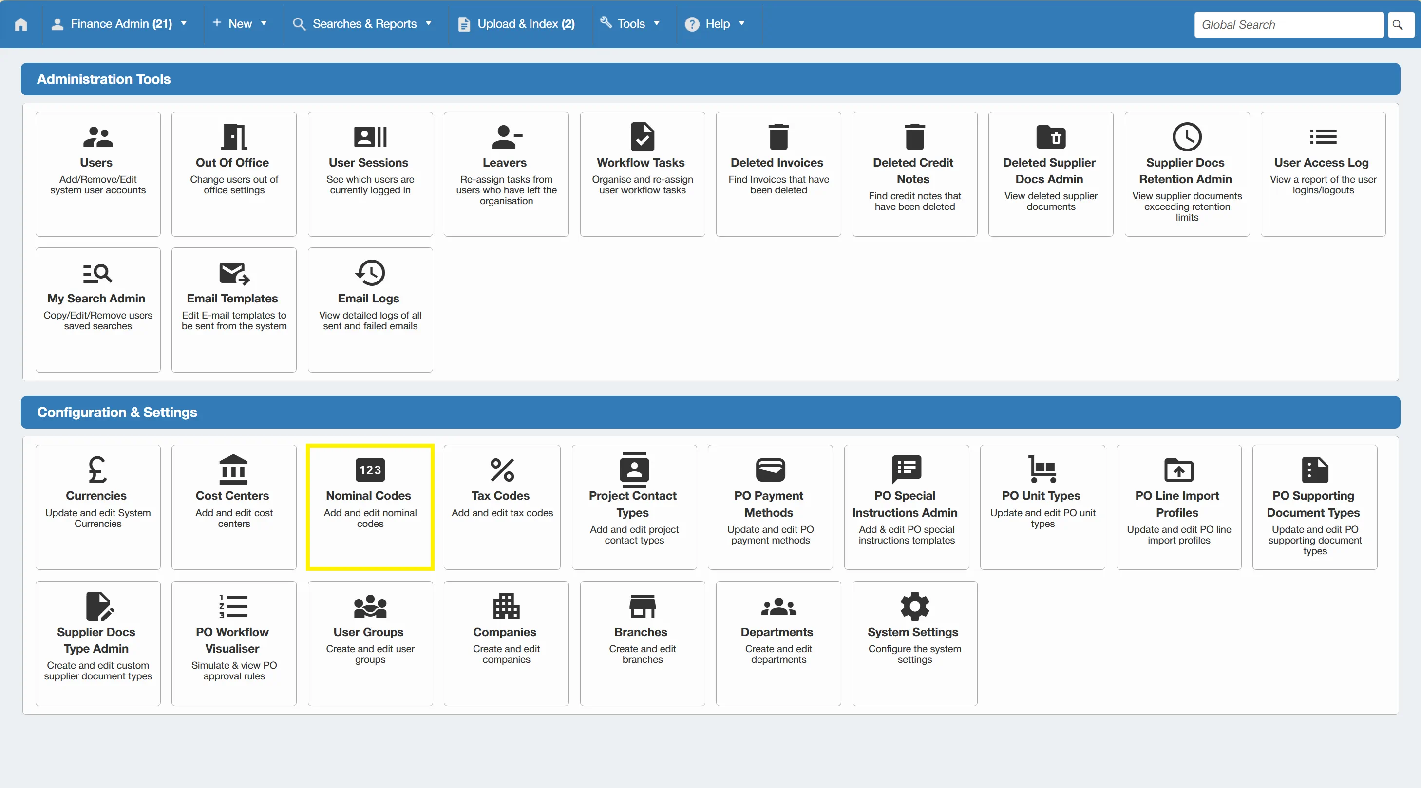 Users can add new nominal codes and edit existing ones within the purchase order software.
