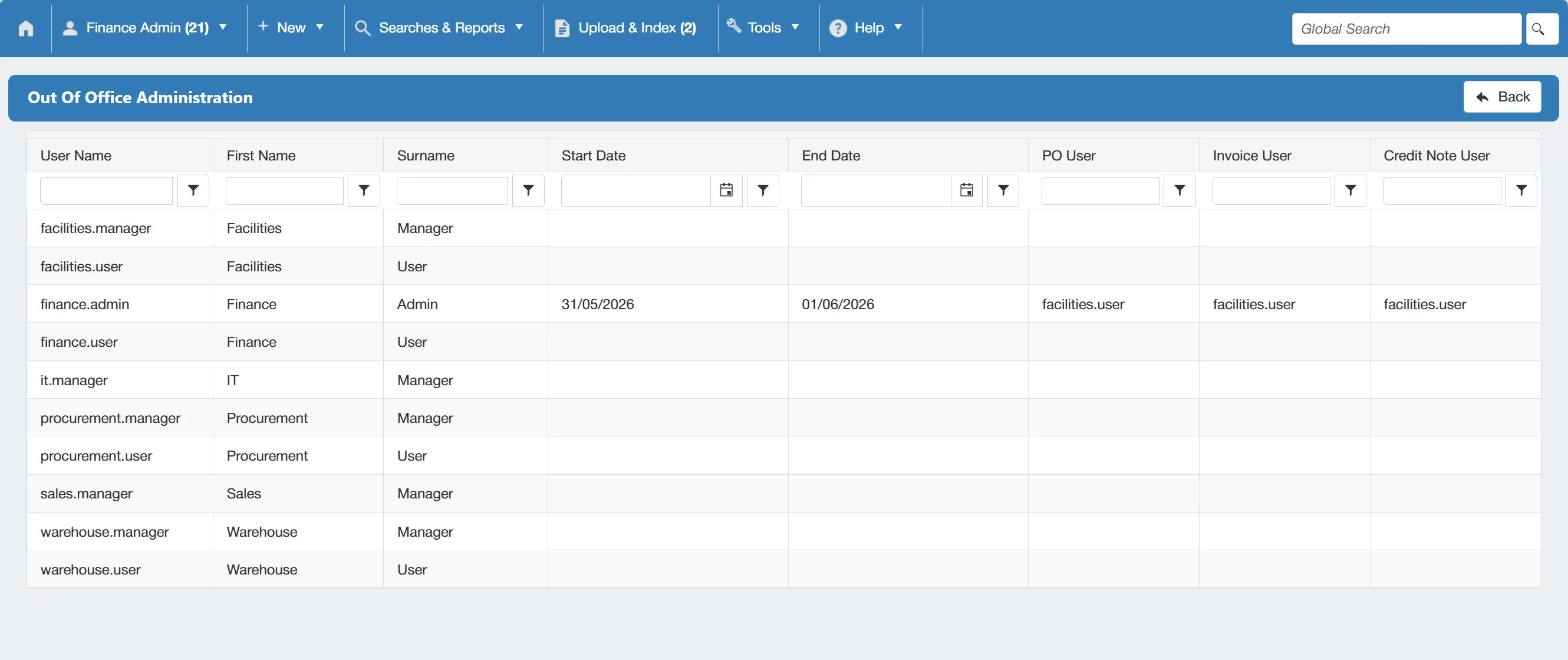 The out of office administration grid displays available users to which you can set an out of office rule.