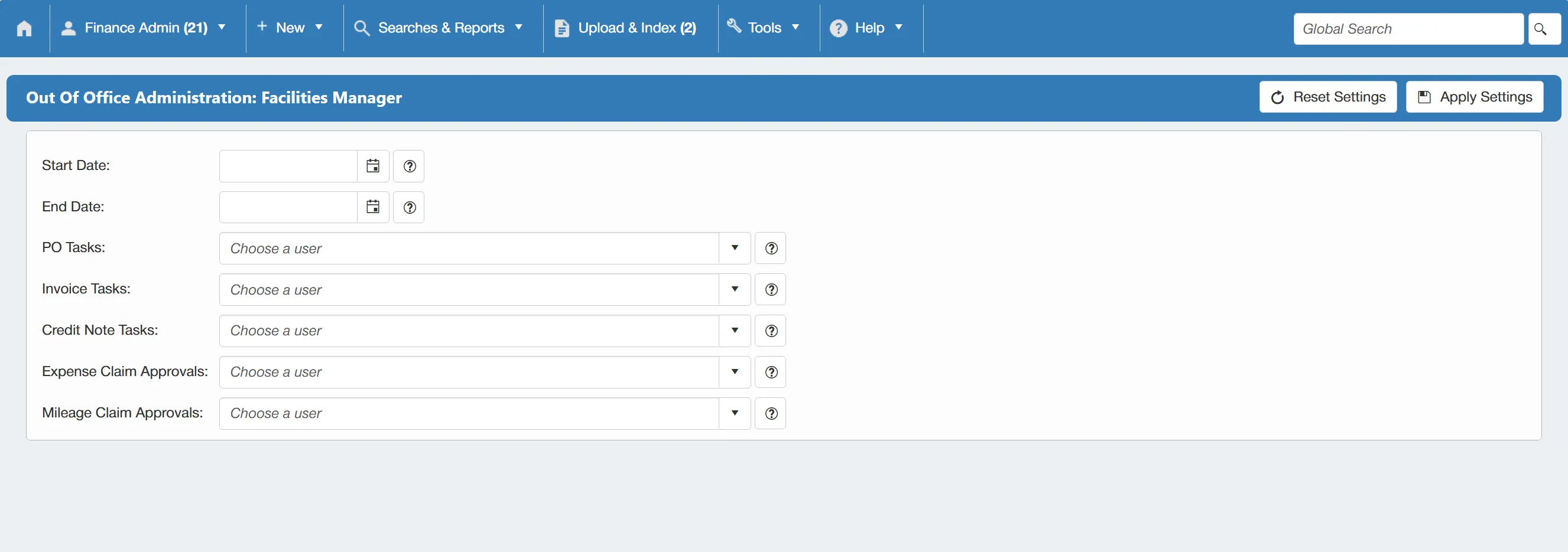 Specify your desired out of office details such as date and assigned users.